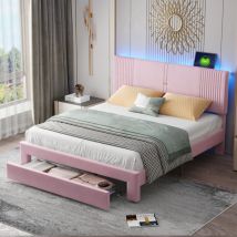 Letto imbottito 160 x 200 cm, letto matrimoniale con striscia luminosa e presa usb, schienale e ampio cassetto, letto matrimoniale in tessuto di