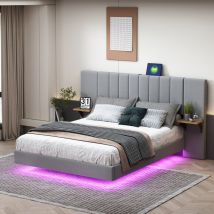 Letti per adulti, letti matrimoniale imbottito, testiera e schienale allungati, USB, LED, lino, 140x200 cm, grigio, senza materasso
