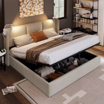 Redom - Letto imbottito letto matrimoniale contenitore letto box luce da lettura con funzione di ricarica usb testiera, letti con contenitore