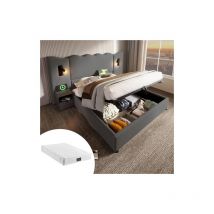 Letto imbottito matrimoniale 160×200 con lampada da lettura e funzione di ricarica usb Type-C, giroletto contenitore con rete a doghe in legno