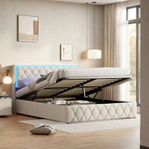 Letto Imbottito Moderno Con Contenitore, Struttura Letto Matrimoniale A Led Con Porte Di Ricarica Usb, 140 X 200 Cm, Tessuto In Velluto, Senza 