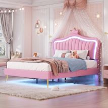 Redom - Letto imbottito per bambini 140 x 200 cm, corona rosa, pu, con luci led, rete a doghe e schienale
