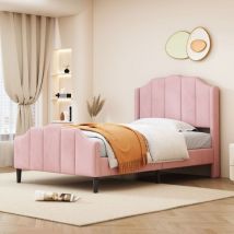 Letto imbottito per bambini 90 x 200 cm, struttura letto con testiera, pediera, velluto - Rosa