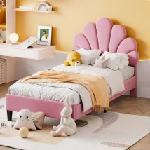 Letto imbottito per bambini 90 x 200 cm, testata e doghe floreali, morbido velluto, rosa