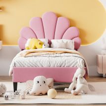 Wishdor - Letto per adulti Letto per bambini imbottito 90 x 200 cm, giroletto con testiera floreale e rete a doghe, velluto, rosa