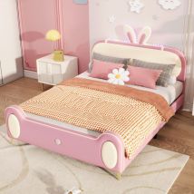 Wishdor - Letto per bambini imbottito Letto matrimoniale 140 x 200 cm con led e testiera a forma di coniglio, in similpelle, beige e rosa, senza