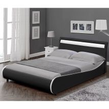 Letto Francese Imbottito Curvo 140x200 cm Testiera Alta con Illuminazione a led Similpelle Nero Corium - nero