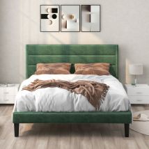 Letto imbottitoetto in tessuto velluto con giroletto e testiera, 140x200cm, verde scuro