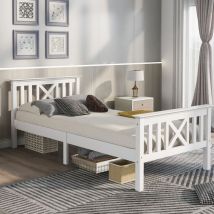 Merax - Letto in legno 90 x 200 cm, letto singolo composto da giroletto con rete a doghe, con testiera, pino massiccio, bianco