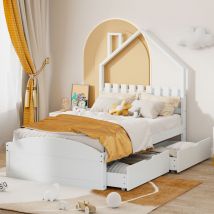 Okwish - Letto in legno 90200 cm, testiera a forma di casa, con proprio spazio per riporre gli oggetti, lettino per bambini, semplice, bianco