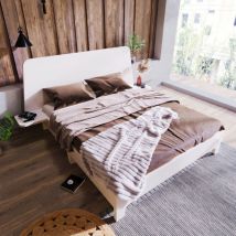 Letto in legno massello 160x200cm, giroletto matrimoniale con testiera contenitore e rete a doghe, colore bianco, materiale di alta qualità, facile