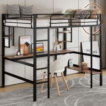 Okwish - Letto in metallo con giroletto 90x200cm, letto in ferro con scrivania, letto a soppalco con quattro piccoli ripiani e una grande libreria