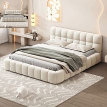 Letto Matrimoniale 140x200,letto Adulti 140x200,letto Imbottito,con Schienale Morbido, Rete A Doghe, Lino, Beige