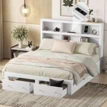 Redom - Letto matrimoniale 160200 cm, legno massello, piattaforma king size con due cassetti ai piedi del letto, testiera con contenitore, bianco