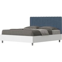 Ityhome - Letto Matrimoniale E Rete 160x190 In Legno Bianco E Testata In Microfibra Blu Kaia