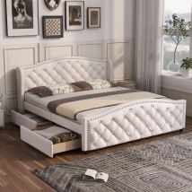 Merax - Letto matrimoniale imbottito 140 x 200 cm in velluto bianco, Letto funzionale idraulico con rete a doghe e vano contenitore, Bianco