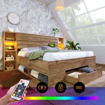 Letto matrimoniale in legno massello 160×200, sistema letto contenitore con illuminazione a LED e testiera e cassetti portaoggetti USB C, rete a