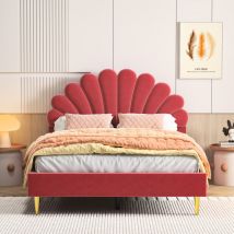 Letto matrimoniale 140x200, letto ragazzi imbottito, testiera petalo, rete a doghe, velluto, rosso