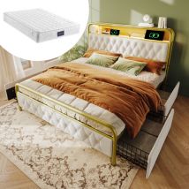 Letto matrimoniale imbottito 160 x 200 cm in metallo con led, 4 cassetti, funzione di ricarica usb Type c, velluto, bianco, materasso incluso
