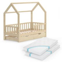 Vitalispa - Letto montessori bambini Wiki, Marrone, 80x160 cm con letto per ospiti e 2 materassi
