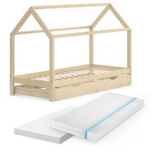 Vitalispa - Letto montessori bambini Wiki, Marrone, 90x200 cm con letto per ospiti e 2 materassi