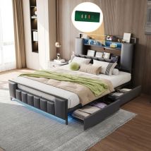 Wishdor - Letto per adulti 140x200 cm con 4 cassetti contenitori, letto per ragazzi con led, presa usb, struttura in ferro, similpelle, grigio