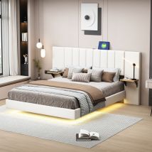 Letto per adulti 140x200 cm con led, letto imbottito beige con testiera e porta di ricarica usb, letto matrimoniale in tessuto di lino, senza