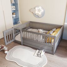 Letto per bambini 140 x 200 cm, struttura letto in legno con griglia e porta, grigio