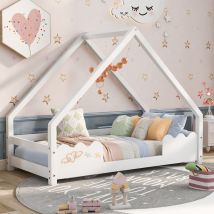 Letto per bambini 90x200cm letto per bambini in legno di pino letto per bambini casa per bambini con protezione anticaduta e rete a doghe, bianco