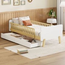 Letto per bambini 90x190 con 2 cassetti, letto singolo in legno massello con rete a doghe, bianco