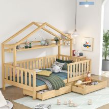Merax - Letto per bambini 90x200 cm, Letto a Casetta con ripiano, 2 cassetti, recinzione e rete a doghe, letto per ragazzi letto singolo in legno di
