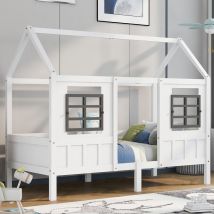 Letto per bambini 90x200 cm, Letto a Casetta per bambini con 2 cassetti, struttura in pino, bianco