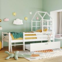 Letto per bambini a soppalco con scala e cassetti, con rete a doghe e protezione anticaduta, 90x200cm casa per bambini letto per ragazzi letto da