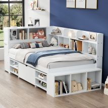 Wishdor - Letto per bambini Letto singolo 90 x 200 cm con cassetti, libreria e rete a doghe, contenitore aperto, senza materasso, bianco