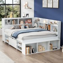 Wishdor - Letto per bambini Letto matrimoniale 140 x 200 cm con cassetti, libreria e rete a doghe, contenitore aperto, senza materasso, bianco