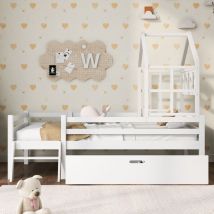 Letto per bambini con scala e cassetti, inclusa rete a doghe, letto a soppalco in legno massiccio con protezione anticaduta 90x200 cm bianco (senza