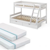 Vitalispa - Letto a castello Everest, Bianco, 120x200 / 80x200 cm con 2 materassi e 2 cassetti