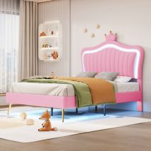 Letto capitonné per bambini 90 x 200 cm, giroletto per bambine, giroletto in pelle pu rosa a doppia corona con luci a led, rete a doghe e schienale