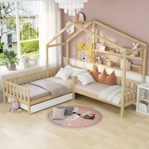 Letto Per Bambini 90x200 Cm/140x70 Cm Letto Da Casa Con Cassetti E Ripiani, Letto Da Gioco In Legno Massello Con Recinzione E Rete A Doghe, Naturale