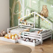 Merax - Letto per bambino 90x200cm, Letto a casetta con Ripiano e Due Grandi Cassetti, in legno massello con recinzione, Bianco