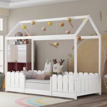 Letto per Bambini a Forma di Casetta con Barriera Anticaduta 200x90 cm Lettino in Legno di Pino con Sponde / Sbarre di Sicurezza - Bianco