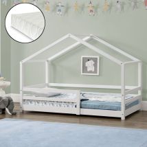 [en.casa] - Letto per Bambino a Forma di Casetta con Barriere di Sicurezza e Materasso Ortopedico 90 x 200 cm Lettino in Legno di Pino con Sponde