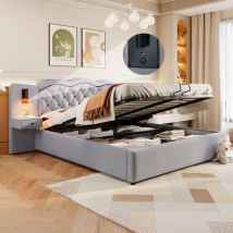 Redom - Letto piano 180200 cm, letto imbottito, testiera integrata, meccanismo di sollevamento idraulico, porta usb, due lampade da comodino, ampio
