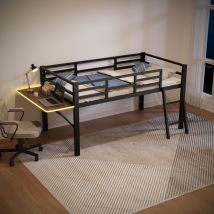 Okwish - Letto piano, 90 x 200 cm, letto in metallo, senza materasso, ringhiera, scaletta, scrivania, striscia luminosa a led telecomandata, nero