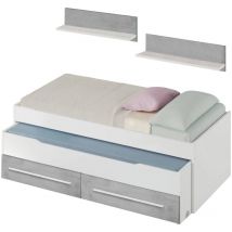 Altri - Letto singolo, Struttura letto per cameretta, Letto singolo con lettino estraibile e 2 cassetti e mensola, cm 199x96h65, Bianco e Cemento