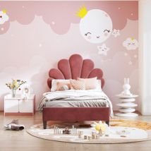 Tanant - Letto singolo imbottito 90x200 cm - letto per bambini con testiera a forma di fiore, Rete a doghe, Velluto - Rosso