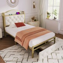 Letto singolo imbottito leggero 90 x 200 con funzione di ricarica USB C e cassetti - Beige