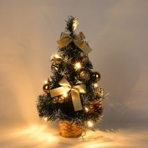 Leuchtender künstlicher Weihnachtsbaum mit weißem Schnee, 40 cm kleiner Tisch-Weihnachtsbaum, LED-Lichtgirlanden mit Schleife und Tannenzapfen für