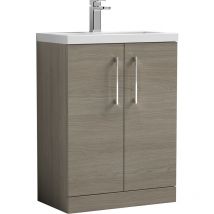 Compact Floor Standing 2 Door Vanity Basin Unit with Polymarble Basin - 600mm - Woodgrain Solace Oak