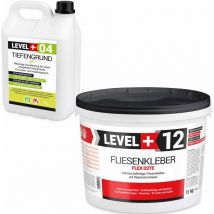 Level+ - level+ Fliesenkleber 15Kg + Tiefengrund 5L Dispersionkleber Weiß Steinkleber SET207